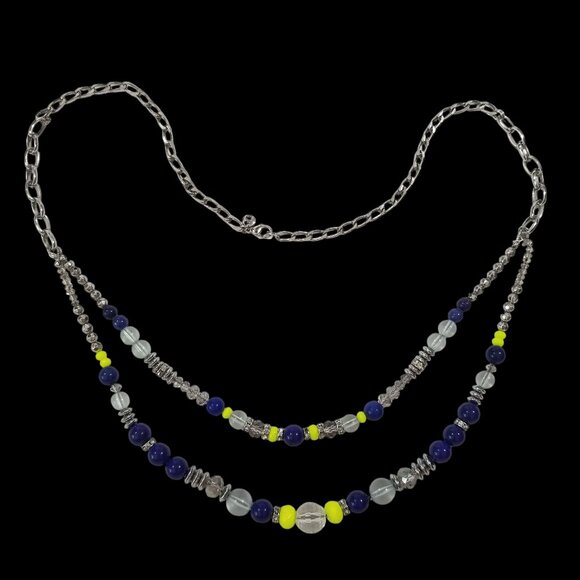 Loft Rope Necklace w/Crystals, Blue and Lime Green Beads on a Chrome Chain - Picture 6 of 13